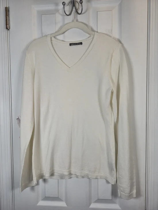 Caroline Grace Ivory Cotton Cashmere V-Neck Pointelle Trim Sweater M - Picture 1 of 6